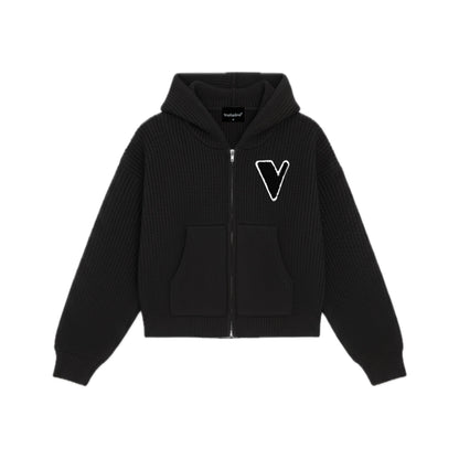 VULAIRE’S KNIT ZIP-UP HOODIE JET BLACK