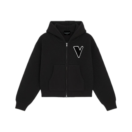VULAIRE’S KNIT ZIP-UP HOODIE JET BLACK
