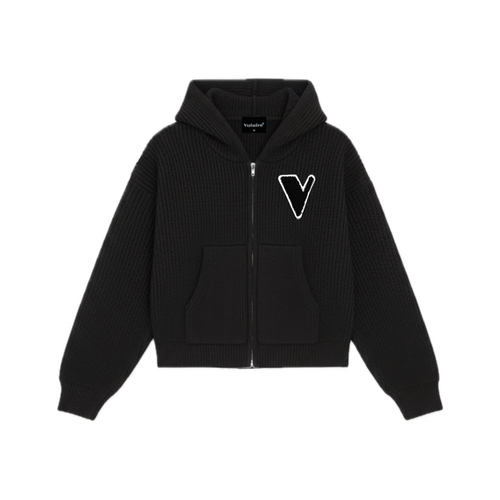 VULAIRE’S KNIT ZIP-UP HOODIE JET BLACK