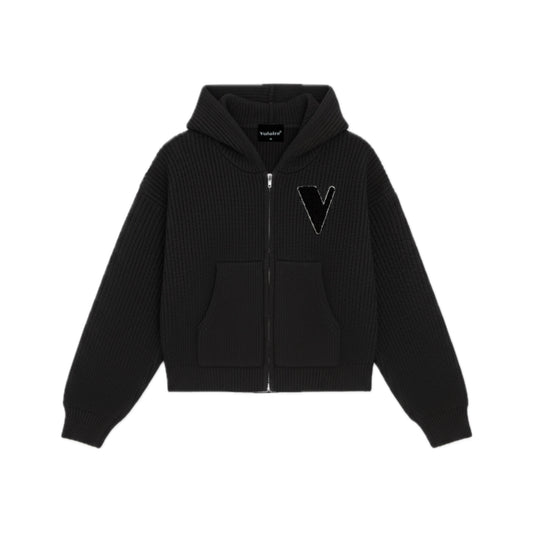 VULAIRE’S KNIT ZIP-UP HOODIE JET BLACK