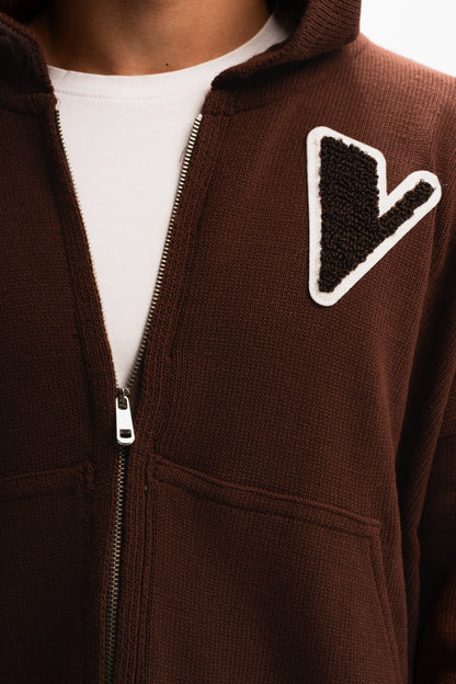 VULAIRE’S KNIT ZIP-UP HOODIE IN TAWNY BROWN