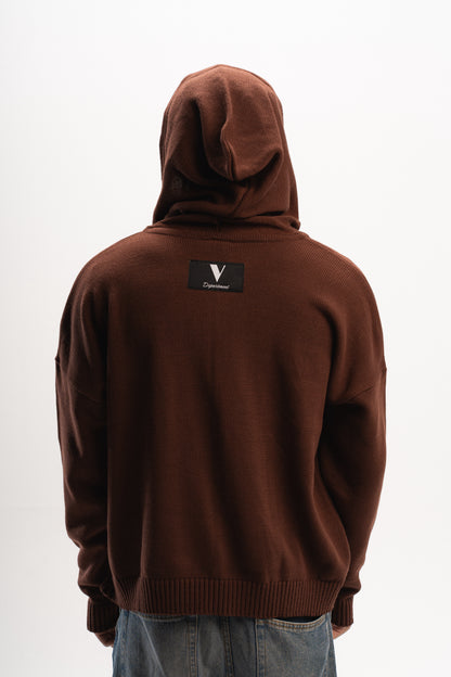 VULAIRE’S KNIT ZIP-UP HOODIE IN TAWNY BROWN