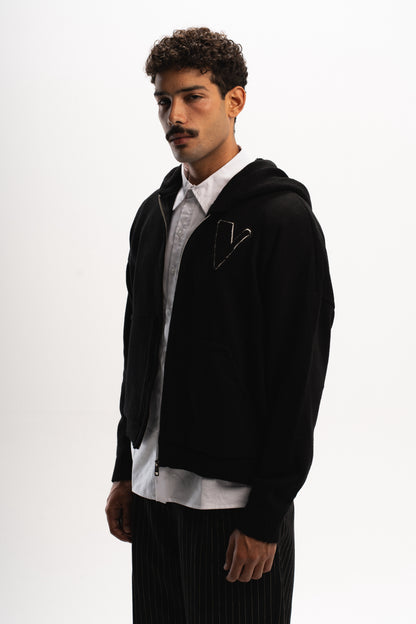VULAIRE’S KNIT ZIP-UP HOODIE JET BLACK