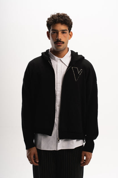 VULAIRE’S KNIT ZIP-UP HOODIE JET BLACK