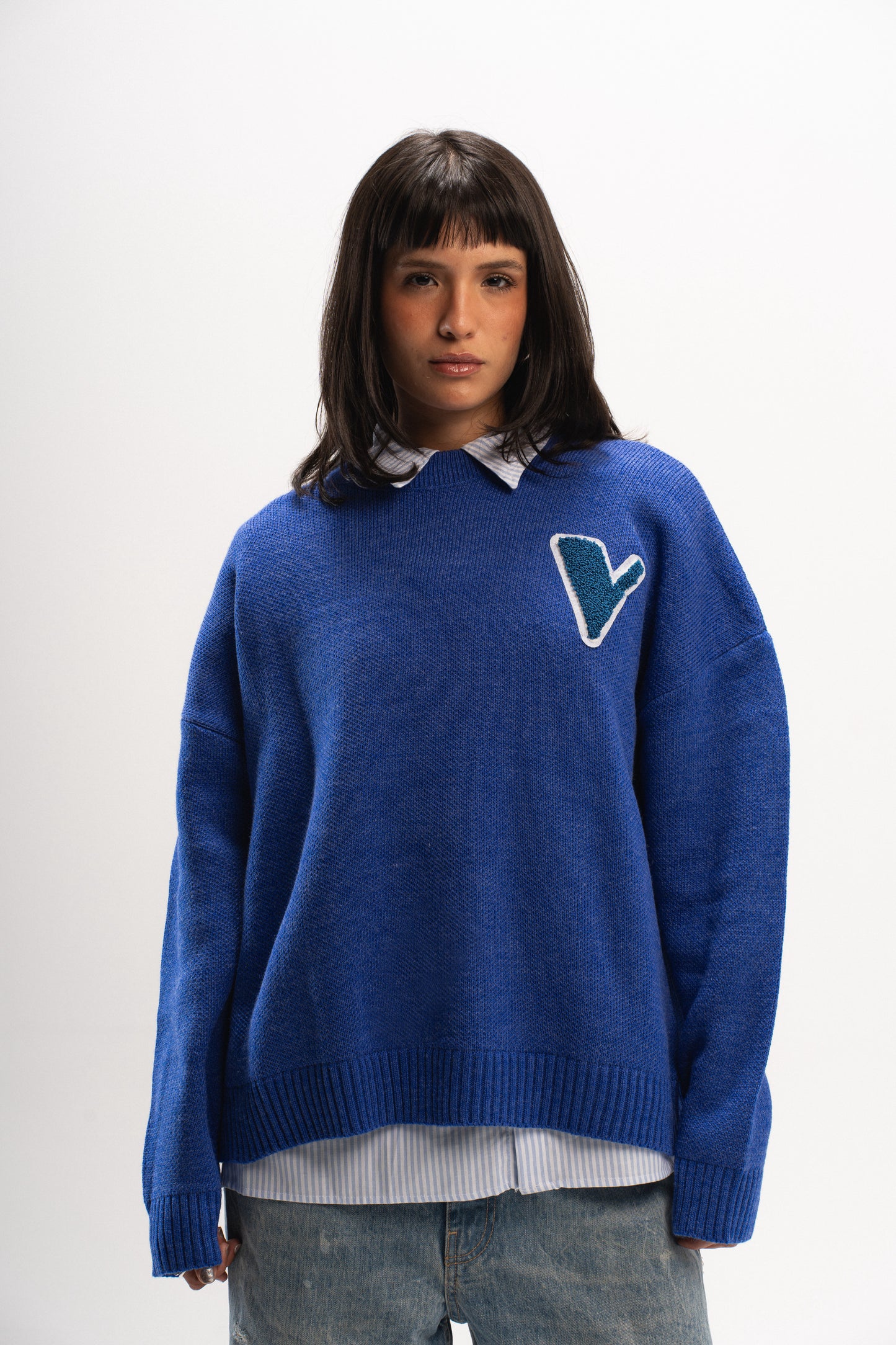 “V” KNIT SWEATER IN ROYAL BLUE